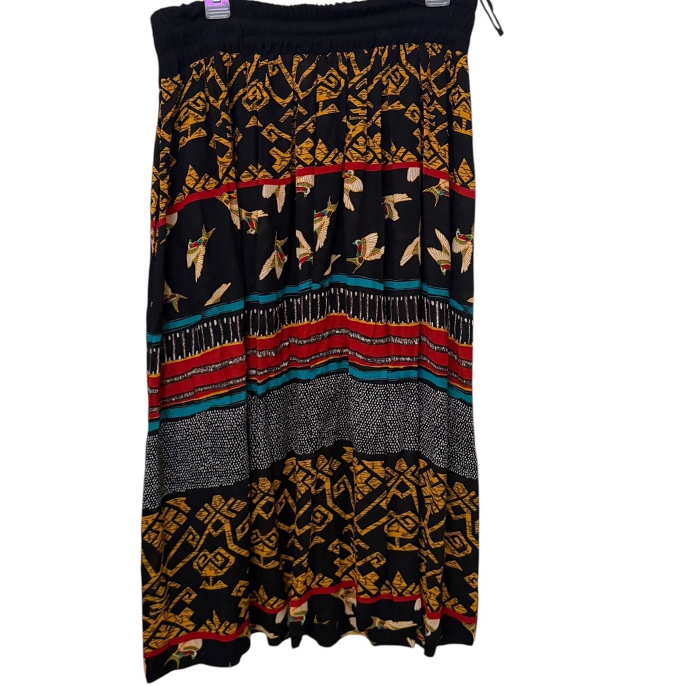 VTG 90s Tribal Bird Print Maxi Skirt Size 14 BOHO Whimsigoth Fairy Smocked Flowy